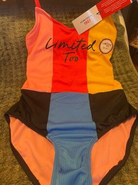 Limited Too Colorblock One-Piece Swimsuit - Coral, Red, Yellow, Black, Blue